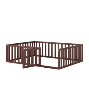 Harper & Bright Designs Full Size Floor Bed for Kids, Montessori Bed Frame with Guardrails and Door, Wooden Floor Bed for Kids, Boys Girls (Full Size, Walnut)