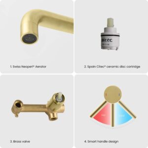 KIBI Circular Single Handle Wall Mount Faucet for Bathroom Sink with Rough-in Valve | Lavatory Faucet with Solid Brass Construction (Brushed Gold) (KBF1023)