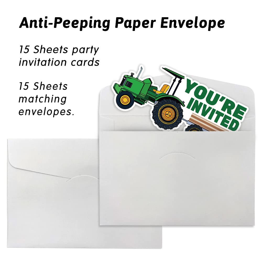 Cusrtyh 15 Sheets Tractor Party Celebration Invitations card with with 15 Envelopes，Green Tractor Birthday Party，Farmer Tractor Party Celebration Invitation cards， Birthday Party Supplies