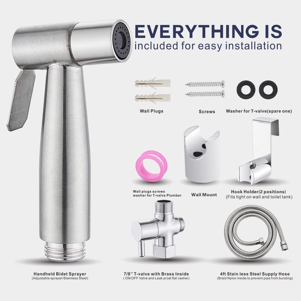 Handheld Bidet Sprayer for Toilet, FES Stainless Steel Brushed Nickel Adjustable Pressure Control Bidet Faucet Diaper Sprayer Set with Hose Attachment Easy Install for Bathroom