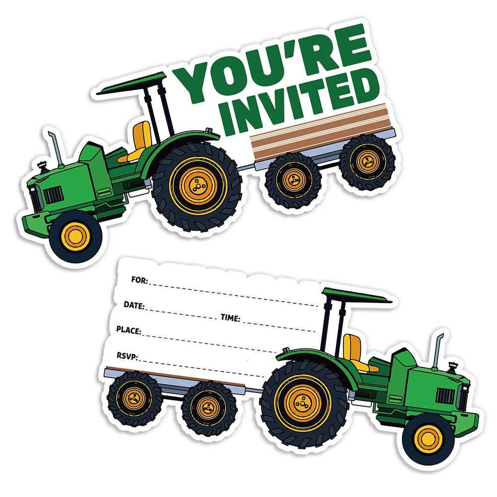 Cusrtyh 15 Sheets Tractor Party Celebration Invitations card with with 15 Envelopes，Green Tractor Birthday Party，Farmer Tractor Party Celebration Invitation cards， Birthday Party Supplies