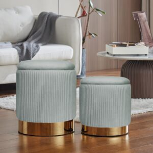 YYW HOME Round Ottoman Storage Set of 2 Black Velvet Storage Ottoman for Living Room and Bedroom, Round Storage Ottoman, Ottoman Chair, Gold Ottoman with Storage, (Light Gray)