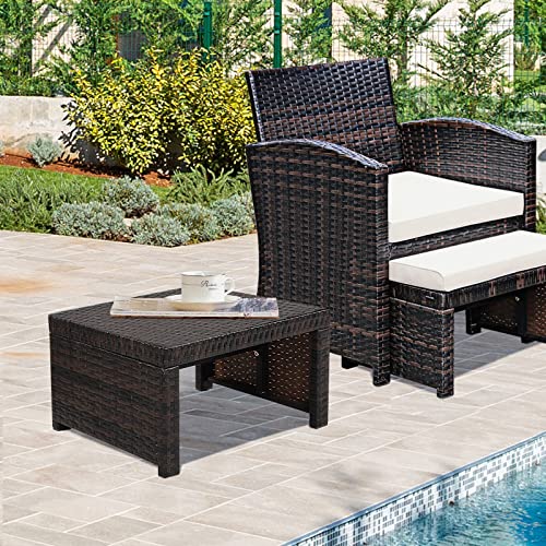 HAPPYGRILL 2 Piece Outdoor Wicker Ottomans, Patio Rattan Footstool with Cushions, Solid Steel Frame, Multifunctional Ottomans for Poolside Backyard Balcony