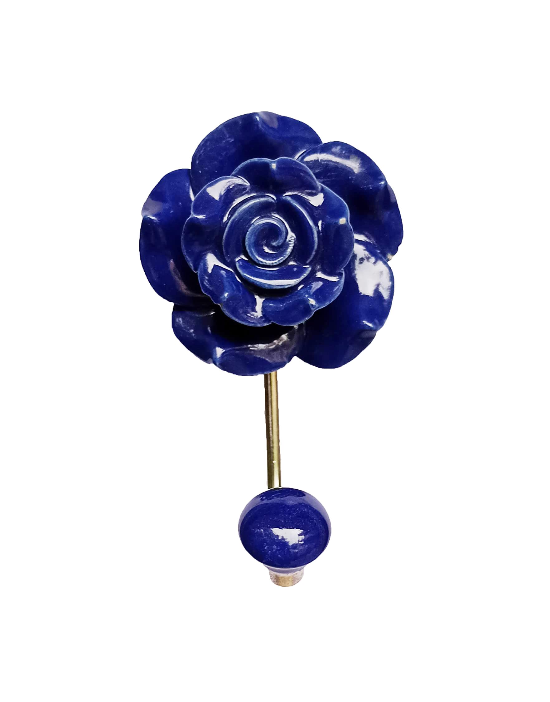 PARIJAT HANDICRAFT Hand Painted Beautifully Blue Colored Rose Design Ceramic Wall Hook Hanger Key Holder hat Clothes hangings Bath Towel Hook Hanger