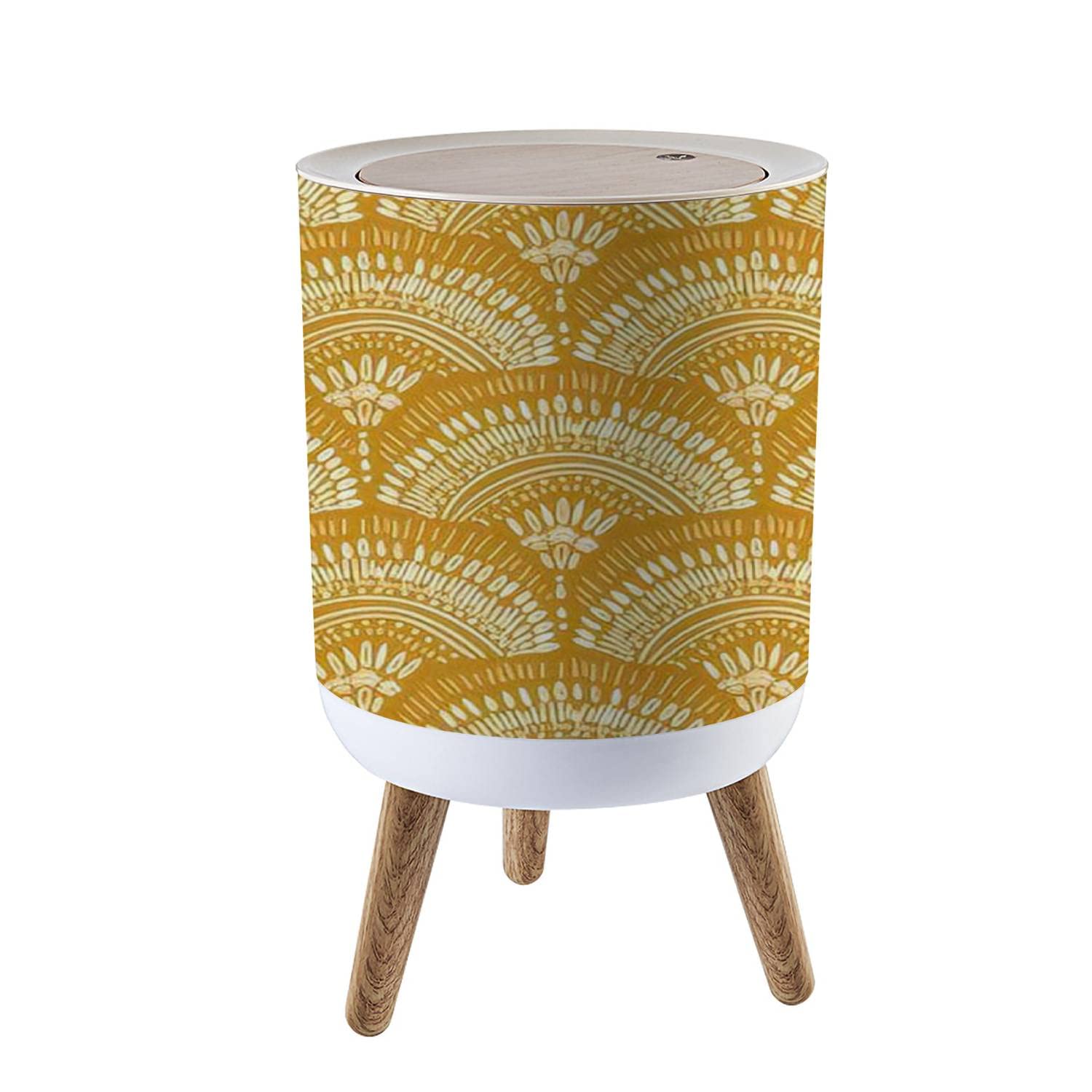 Small Trash Can with Lid for Bathroom Kitchen Office Diaper seamless repeat abstract bohemian geometric white a mustard yellow Bedroom Garbage Trash Bin Dog Proof Waste Basket Cute Decorative