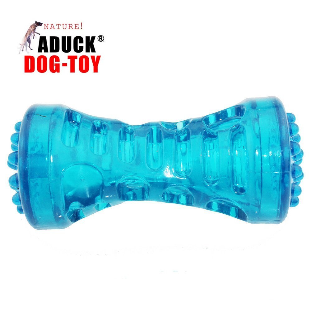 ADUCK Dog Chew Toys Squeaky Tooth Cleaning Bone (Dumbbell Series) Bite Resistant Squeeze Squeaker Puppy Dog Toys for Aggressive Chewers Training and Playing -7.09 inches (Crystal Blue - Large)