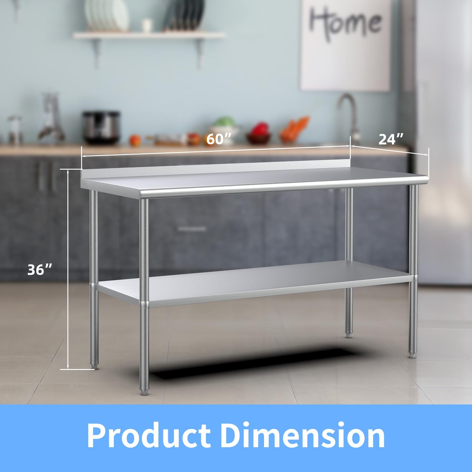 ROVSUN 60'' x 24'' Stainless Steel Table for Prep & Work,Commercial Worktables & Workstations, NSF Heavy Duty Metal Table with Adjustable UnderShelf & Backsplash for Kitchen, Restaurant,Home,Hotel