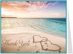 beach thank you cards folding thank you notes sand drawing hearts of love sunset sunrise ocean horizon seaside bridal shower baby sprinkle birthday party gratitude stationary thanks (24 count)