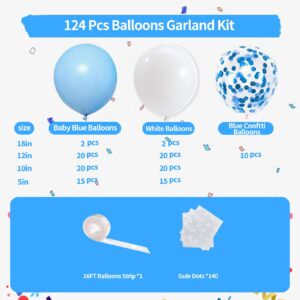 Blue and White Balloons Garland Kit 124 Pack Different Sizes inch Pastel Baby Blue Matte White Balloons and Light Blue Confetti Balloons for Baby Shower Wedding Birthday Party Arch Decorations