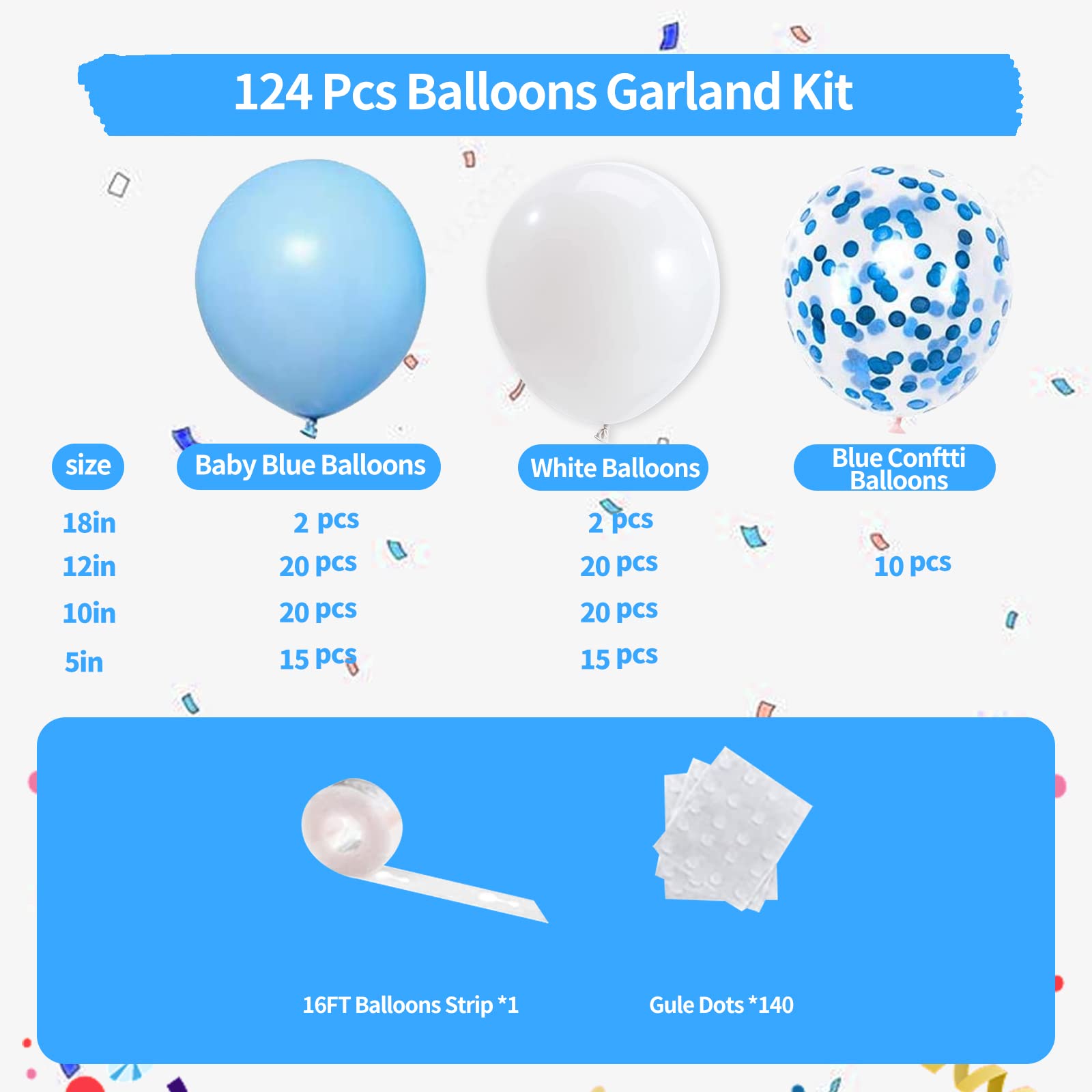 Blue and White Balloons Garland Kit 124 Pack Different Sizes inch Pastel Baby Blue Matte White Balloons and Light Blue Confetti Balloons for Baby Shower Wedding Birthday Party Arch Decorations