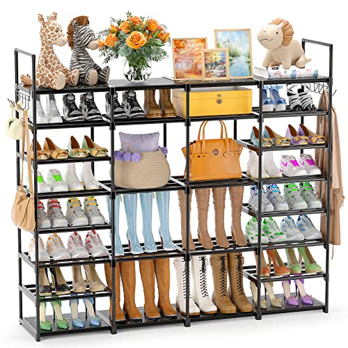 Kottwca Large Shoe Rack Organizer, 4 Row 8 Tier Shoe Storage Shelf for Closet Entryway Garage, Metal Free Standing Shoe Holder for 62-66 Pairs of Shoes, Sturdy Stackable Shoe Stand for Bedroom