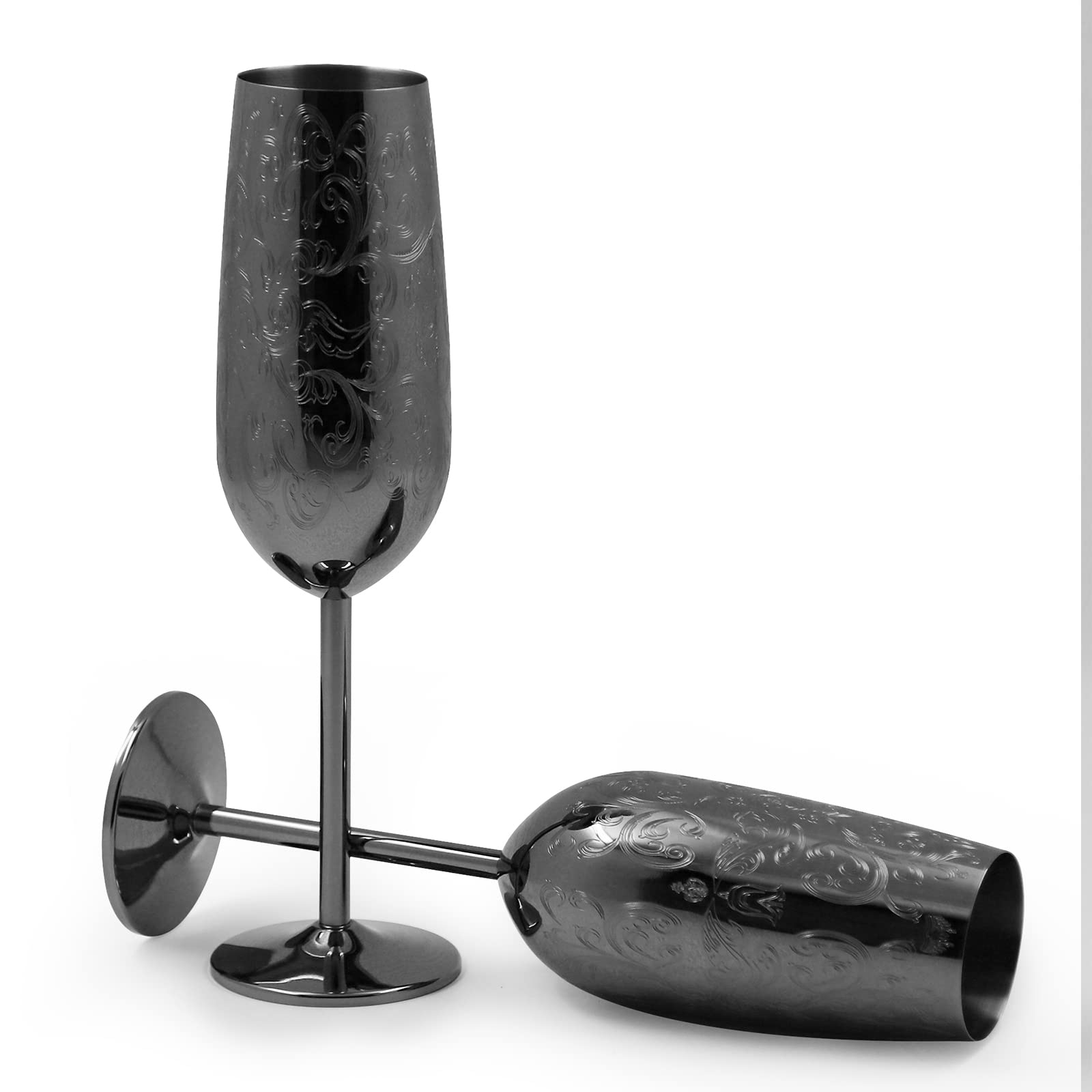 Sky Fish Etching Stainless Steel Champagne Flutes Glass Set of 2, 200ML champagne glasses wedding set for Wedding,Parties and Anniversary (Black Plated)