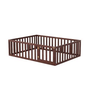 Harper & Bright Designs Full Size Floor Bed for Kids, Montessori Bed Frame with Guardrails and Door, Wooden Floor Bed for Kids, Boys Girls (Full Size, Walnut)