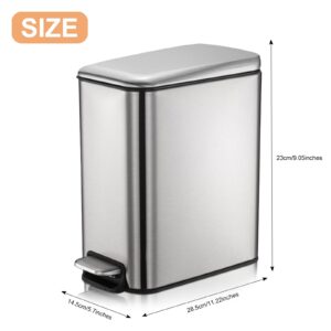 GONICVIN Bathroom Bin, 1.3 Gallon Stainless Steel Pedal Bin Waste Bin with Lids, Slow Drop Closing Slim Rubbish Bin Pedal Waste Basket for Bathroom, Kitchen, and Office (5L, Stainless Steel)