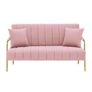 Pvillez Velvet Loveseat Modern Comfy Loveseat Sofa Couch for Living Room Upholstered Love Seats Furniture w/Gold Metal Legs loveseat for Small Spaces, Apartment, Bedroom, Dorm, Office (Pink Loveseat)