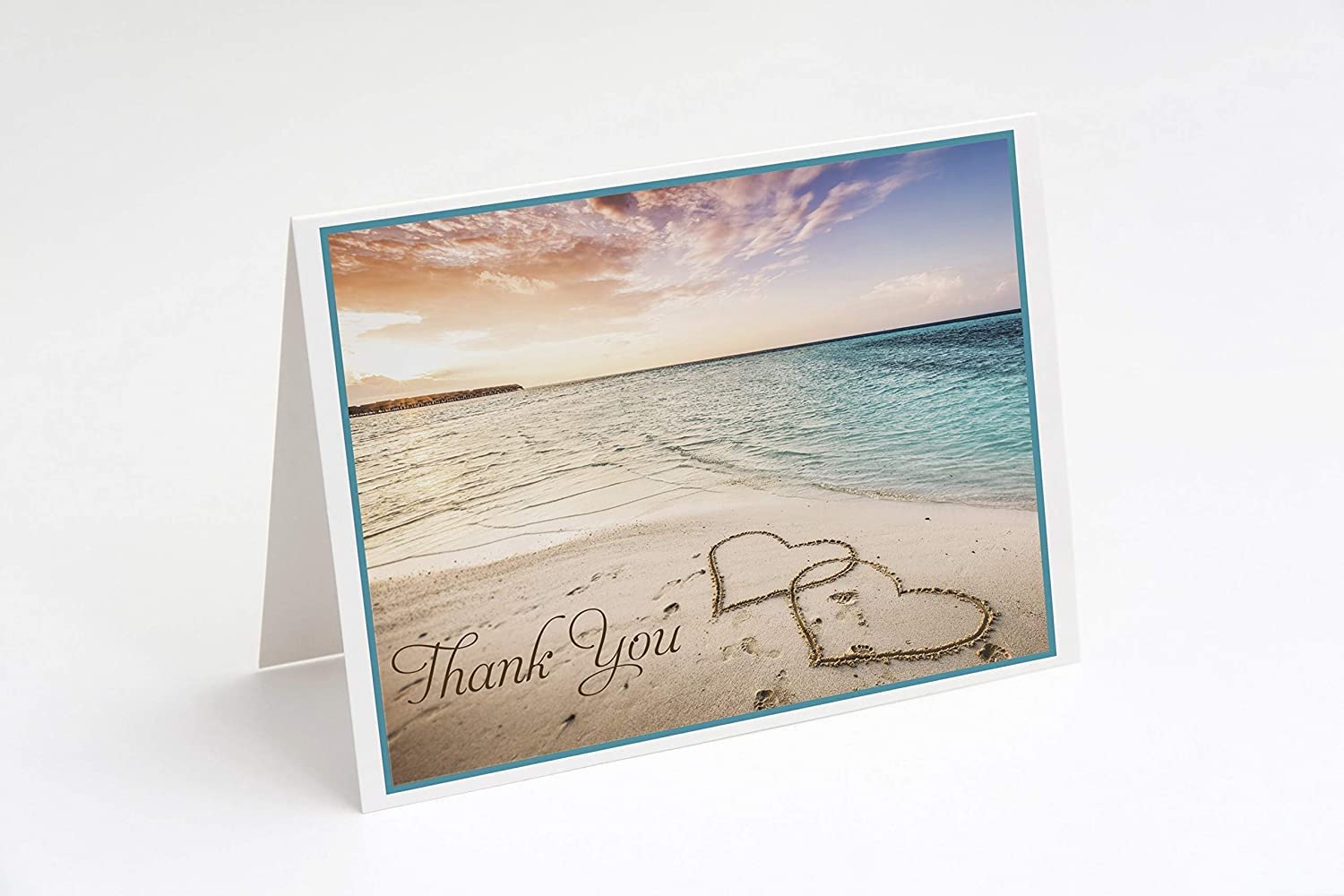 Beach Thank You Cards Folding Thank You Notes Sand Drawing Hearts of Love Sunset Sunrise Ocean Horizon Seaside Bridal Shower Baby Sprinkle Birthday Party Gratitude Stationary Thanks (24 count)