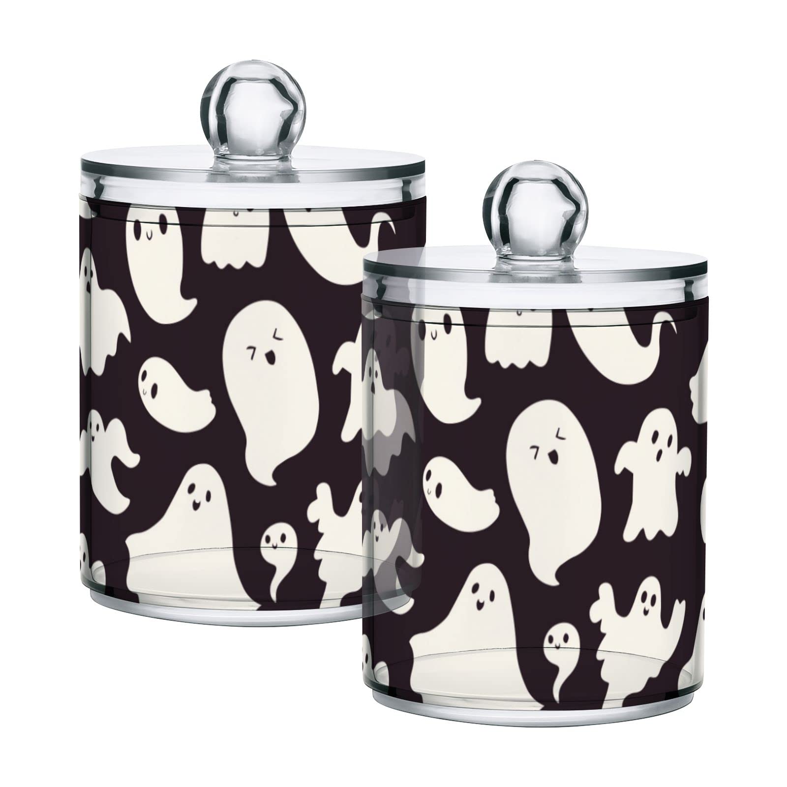 Vnurnrn Clear Plastic Jar Set for Cotton Ball, Cotton Swab, Cotton Round Pads, Floss, Cute Ghosts Haloween Bathroom Canisters Storage Organizer, Vanity Makeup Organizer,2Pack