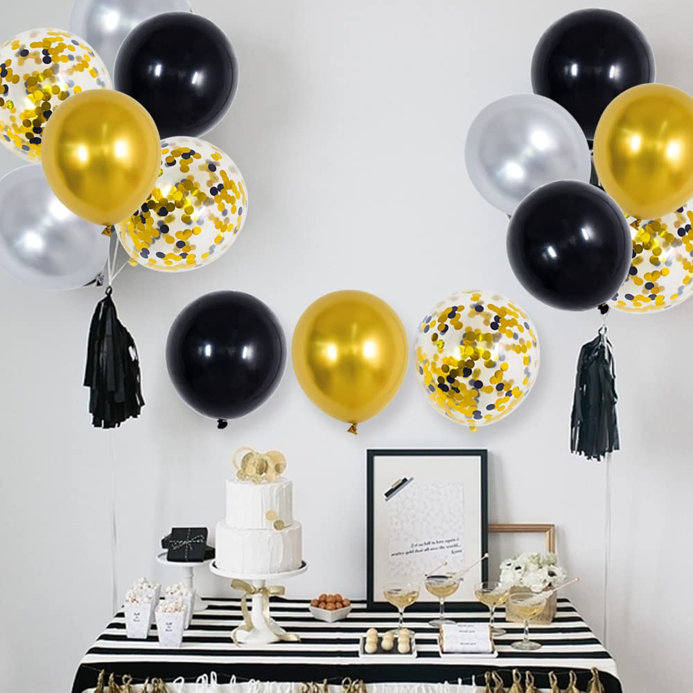 BEISHIDA 60pcs 12 Inch Black Gold Confetti Balloons, Matte Black Latex Helium Balloons Metallic Gold and Silver Balloons For Birthday Wedding Engagement Graduation Bridal Shower Decorations