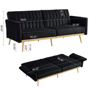 TTGIEET Velvet Convertible Futon Sofa Bed with Golden Metal Legs, 70" Tufted Loveseat Couch Sleeper Futon Sofa with Adjustable Armrests for Home Living Room Bedroom (Black)