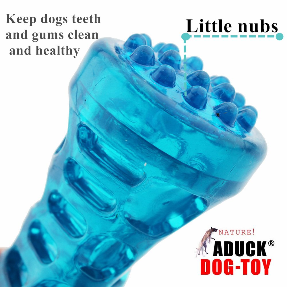 ADUCK Dog Chew Toys Squeaky Tooth Cleaning Bone (Dumbbell Series) Bite Resistant Squeeze Squeaker Puppy Dog Toys for Aggressive Chewers Training and Playing -7.09 inches (Crystal Blue - Large)