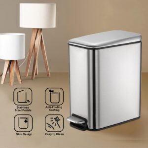 GONICVIN Bathroom Bin, 1.3 Gallon Stainless Steel Pedal Bin Waste Bin with Lids, Slow Drop Closing Slim Rubbish Bin Pedal Waste Basket for Bathroom, Kitchen, and Office (5L, Stainless Steel)