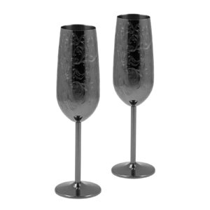 sky fish etching stainless steel champagne flutes glass set of 2, 200ml champagne glasses wedding set for wedding,parties and anniversary (black plated)