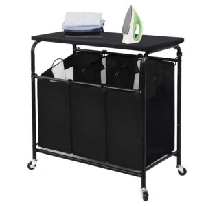 storage maniac 3-section laundry sorter with foldable ironing board, heavy-duty rolling laundry cart with and removable bags, triple laundry hamper with wheels, matte black