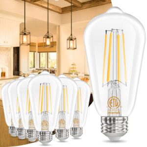 winshine edison e26 led bulb 60 watt equivalent 3000k soft warm white, 6w vintage light bulb, antique st58 type a clear light bulbs,cri85+, e26 base, filament & glass,700lm non-dimmable 6 pack