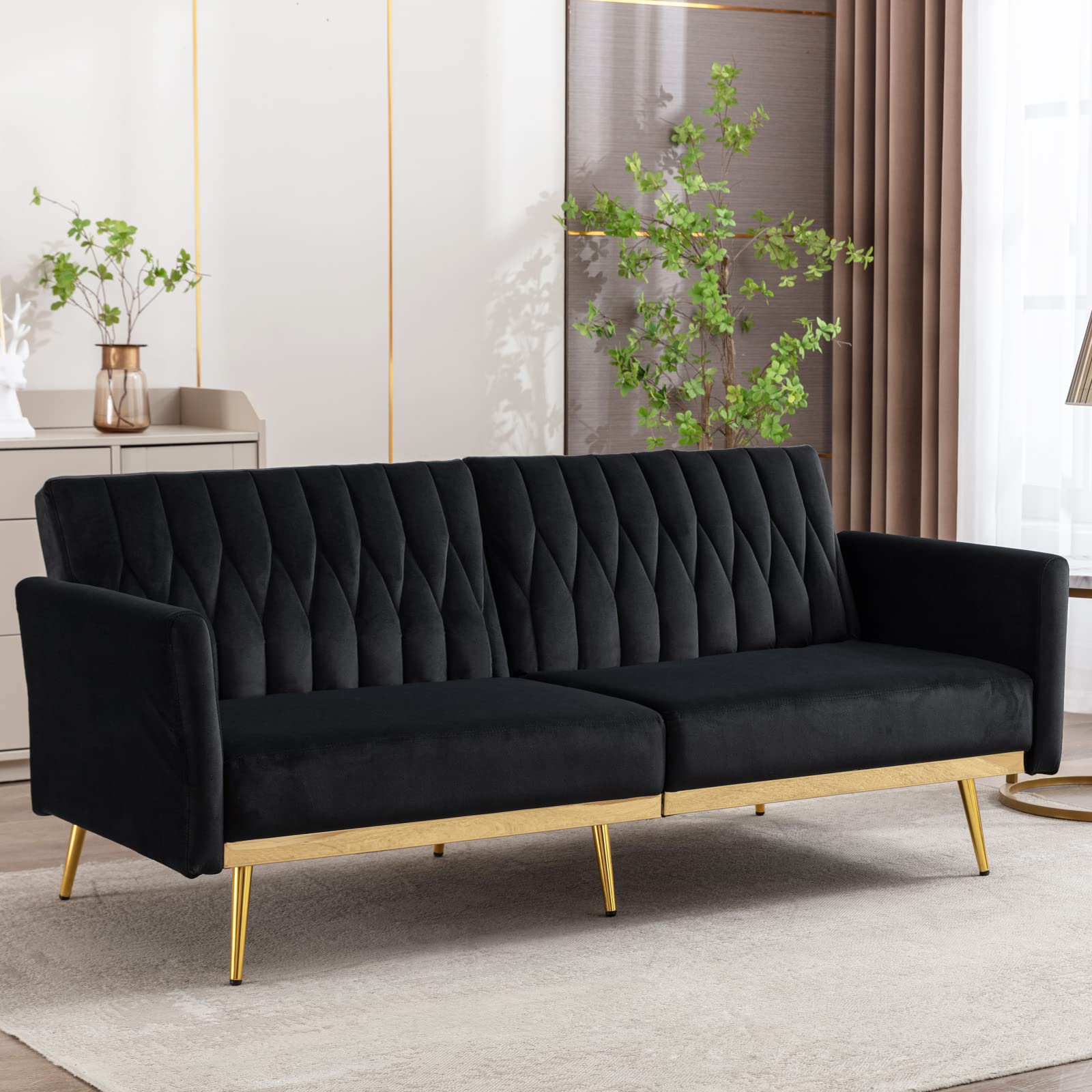 TTGIEET Velvet Convertible Futon Sofa Bed with Golden Metal Legs, 70" Tufted Loveseat Couch Sleeper Futon Sofa with Adjustable Armrests for Home Living Room Bedroom (Black)