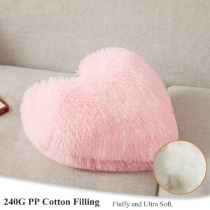 XeGe Cute Double-Sided Faux Fur Heart Pillow, Plush Shaggy Decorative Throw Pillow, 15"x17" Cozy Fluffy Heart Shaped Pillow with Insert, Furry Accent Pillow for Girls/Women/Kids/Children Gift, Pink