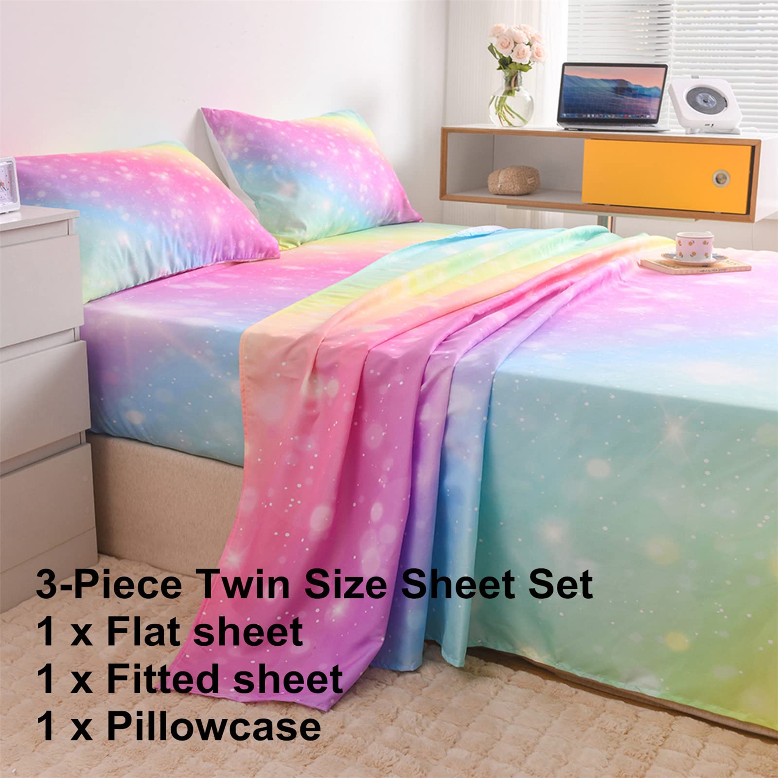 URLINENS Rainbow Sheets Twin Size 3 Piece, Tie Dye Pastel Girls Sheet Set for Kids Teens, Glitter Fun Girly Bed Sheets Soft Microfiber Rainbow Bedding Set 1 Fitted Sheet 1 Flat Sheet 1 Pillowcase