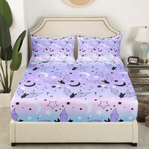 Halloween Bat Fitted Sheet Twin Size Glitter Stars Moon Galaxy Bed Sheets for Kids Child Halloween Decorations,Gradient Pastel Pink Teal Purple Bedding Sets Kawaii Halloween Home Decor