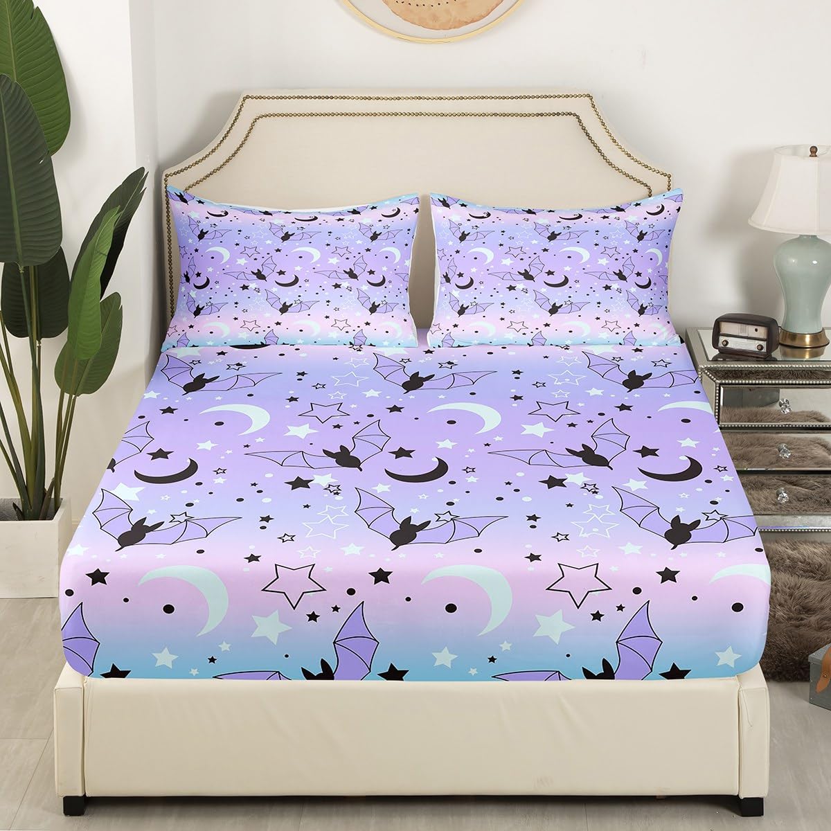 Halloween Bat Fitted Sheet Twin Size Glitter Stars Moon Galaxy Bed Sheets for Kids Child Halloween Decorations,Gradient Pastel Pink Teal Purple Bedding Sets Kawaii Halloween Home Decor