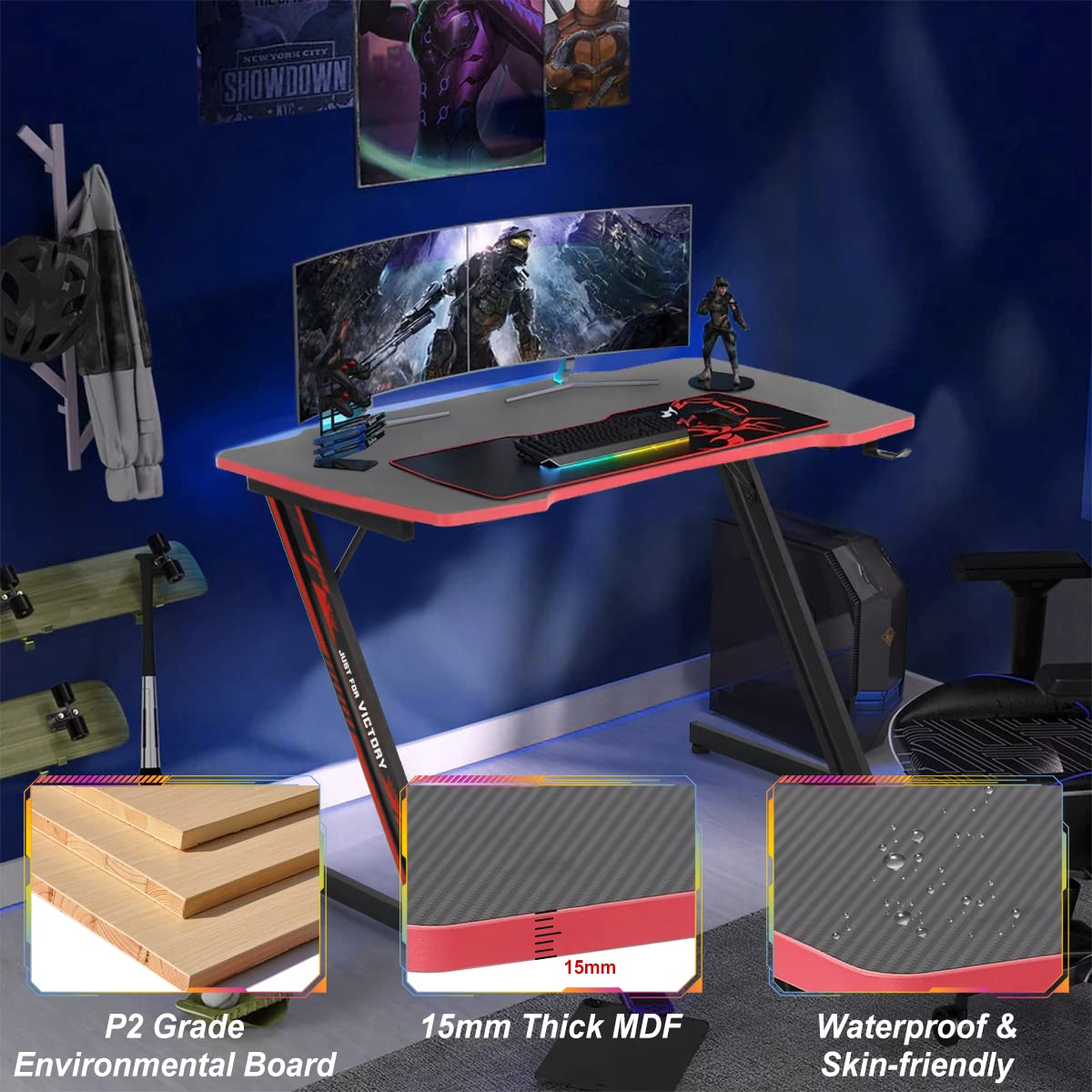 Pazidom Gaming Desk 47 Inch Z-Shaped Gaming Computer Desk Modern Ergonomic PC Computer Table Home Office Desk Racing Style Gaming Workstation with Headphone Hook, Red