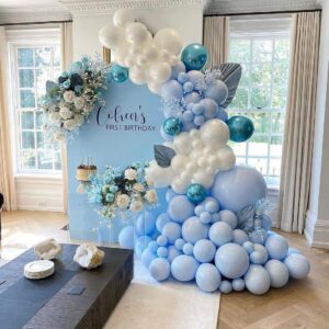 Blue and White Balloons Garland Kit 124 Pack Different Sizes inch Pastel Baby Blue Matte White Balloons and Light Blue Confetti Balloons for Baby Shower Wedding Birthday Party Arch Decorations