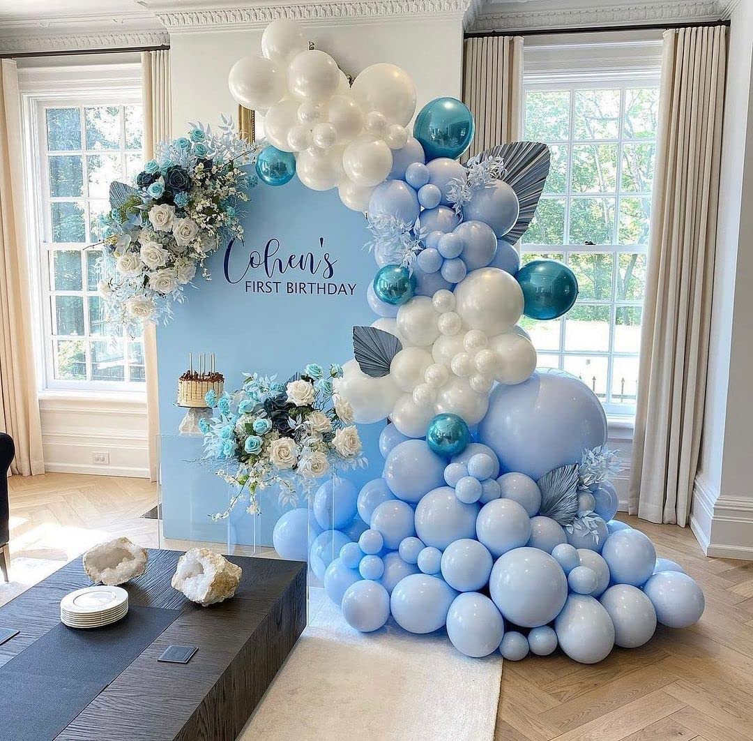 Blue and White Balloons Garland Kit 124 Pack Different Sizes inch Pastel Baby Blue Matte White Balloons and Light Blue Confetti Balloons for Baby Shower Wedding Birthday Party Arch Decorations