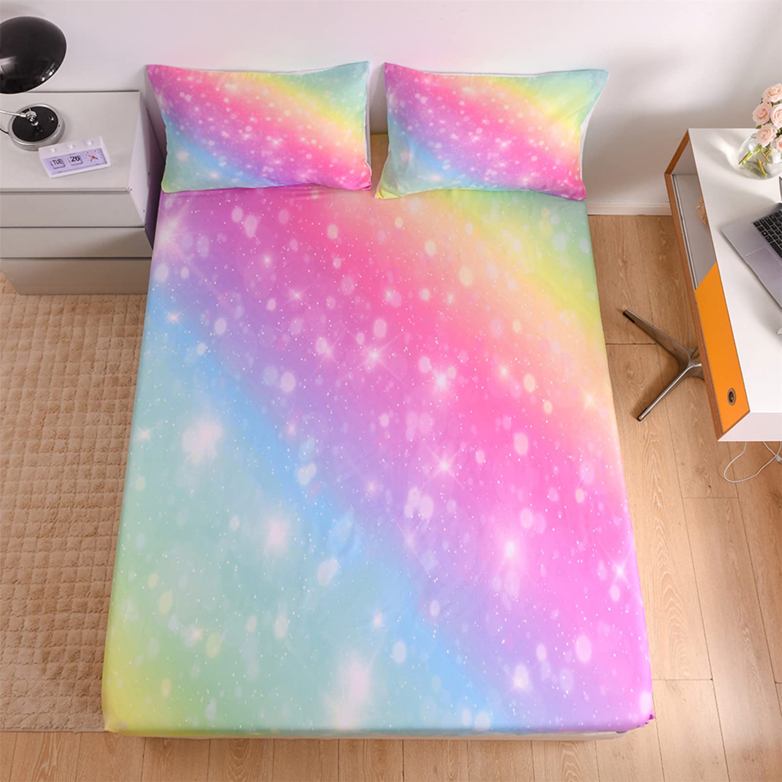 URLINENS Rainbow Sheets Twin Size 3 Piece, Tie Dye Pastel Girls Sheet Set for Kids Teens, Glitter Fun Girly Bed Sheets Soft Microfiber Rainbow Bedding Set 1 Fitted Sheet 1 Flat Sheet 1 Pillowcase