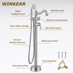 WINKEAR Freestanding Floor Mount Tub Filler with Handheld Shower Roman Bathtub Faucet by Brushed Nickel Finish, Swivel Spout with Brass Rough-in and Water Hose