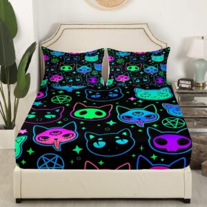 Erosebridal Halloween Theme Sheet Set Cute Neon Cat Full Sheets for Girls Boys Gradient Cat Skeleton Bed Sheets Psychedelic Galaxy Stars Fitted Sheet Kawaii Kitten Home Decor,Black