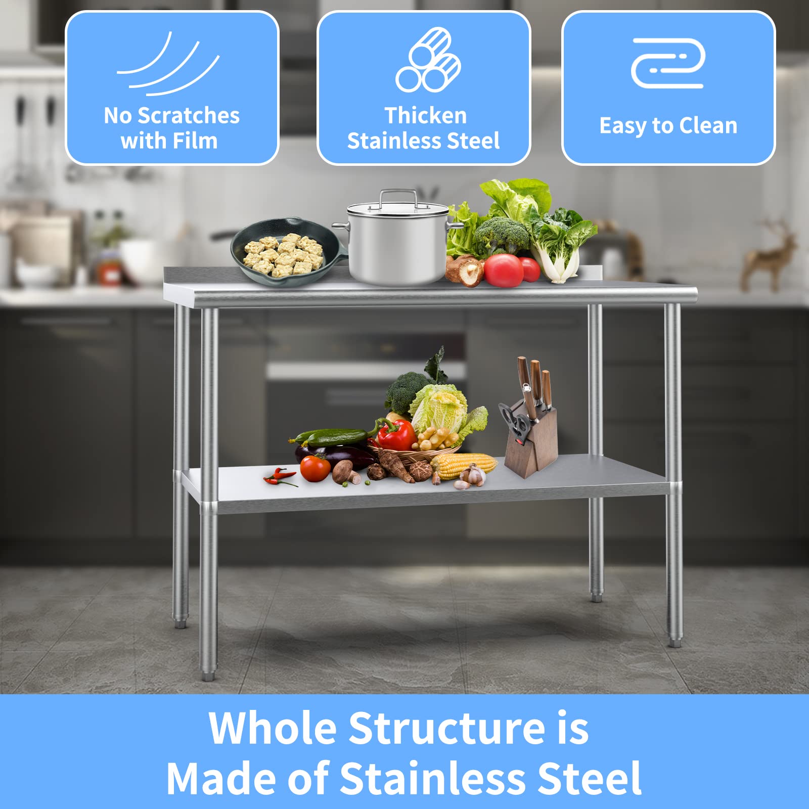 ROVSUN 60'' x 24'' Stainless Steel Table for Prep & Work,Commercial Worktables & Workstations, NSF Heavy Duty Metal Table with Adjustable UnderShelf & Backsplash for Kitchen, Restaurant,Home,Hotel