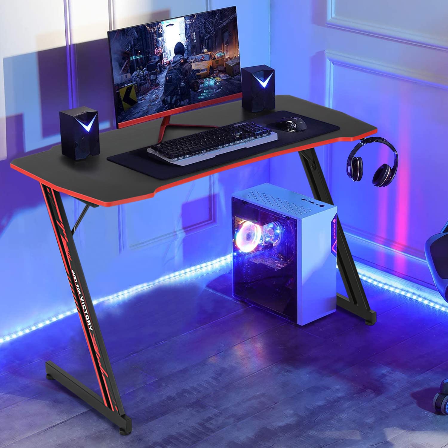 Pazidom Gaming Desk 47 Inch Z-Shaped Gaming Computer Desk Modern Ergonomic PC Computer Table Home Office Desk Racing Style Gaming Workstation with Headphone Hook, Red