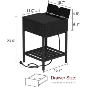 ChooChoo Nightstand with Charging Station and USB Ports, Rustic Side End Table with Drawer and Metal Shelf, Bedside Table for Small Spaces, Bedroom, Black