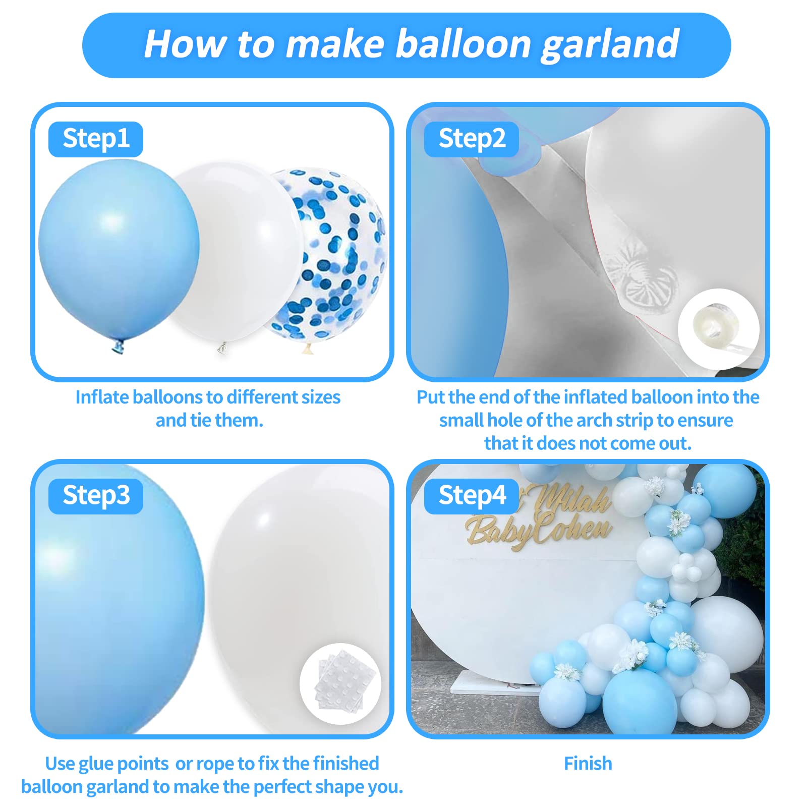 Blue and White Balloons Garland Kit 124 Pack Different Sizes inch Pastel Baby Blue Matte White Balloons and Light Blue Confetti Balloons for Baby Shower Wedding Birthday Party Arch Decorations