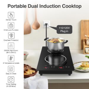 GIHETKUT Double Induction Cooktop, 110V Electric Cooktop 2300W Electric Stove Top with 2 Burner Independent Control, Ultrathin Body, 9 Temperature, Multiple Power Levels, 2 Hour Timer, Safety Lock