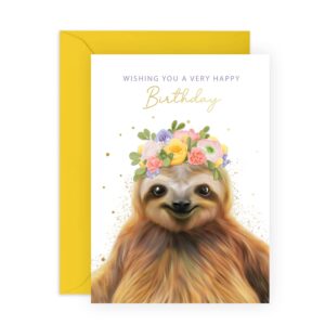 central 23 happy birthday card for him her - floral sloth - kids birthday cards - birthday gift for sister son daughter nan granddaughter - comes with fun stickers