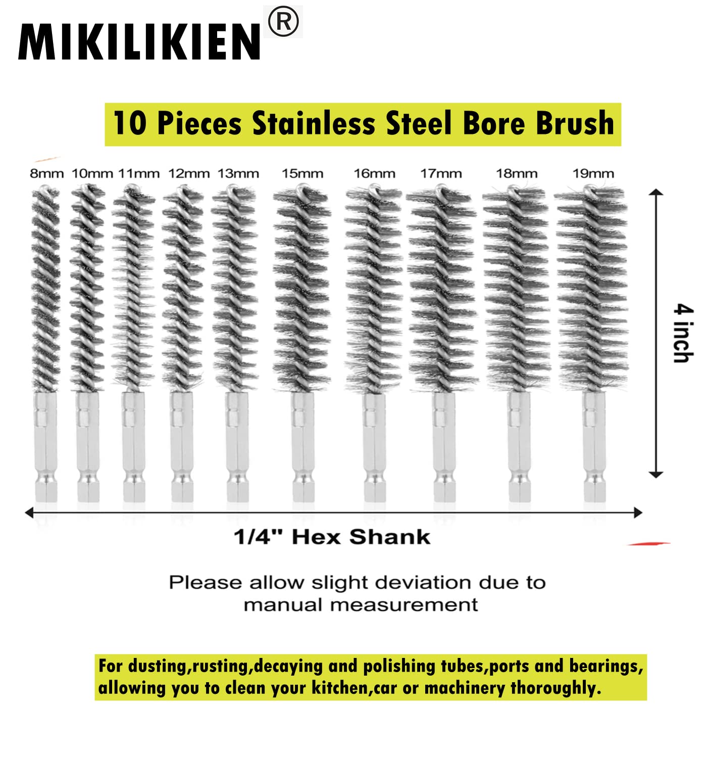 MIKILIKIEN Stainless-Steel Bore Brush for Drill,Wire Brush Set for Power Drill with 1/4-in Hex Shaft,Metal Cleaning Brushes with Stainless-Steel bristles(10-Size Set)