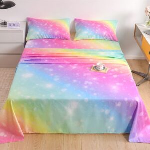 URLINENS Rainbow Sheets Twin Size 3 Piece, Tie Dye Pastel Girls Sheet Set for Kids Teens, Glitter Fun Girly Bed Sheets Soft Microfiber Rainbow Bedding Set 1 Fitted Sheet 1 Flat Sheet 1 Pillowcase