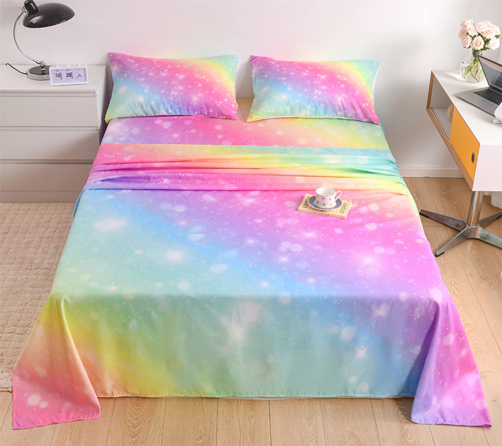 URLINENS Rainbow Sheets Twin Size 3 Piece, Tie Dye Pastel Girls Sheet Set for Kids Teens, Glitter Fun Girly Bed Sheets Soft Microfiber Rainbow Bedding Set 1 Fitted Sheet 1 Flat Sheet 1 Pillowcase