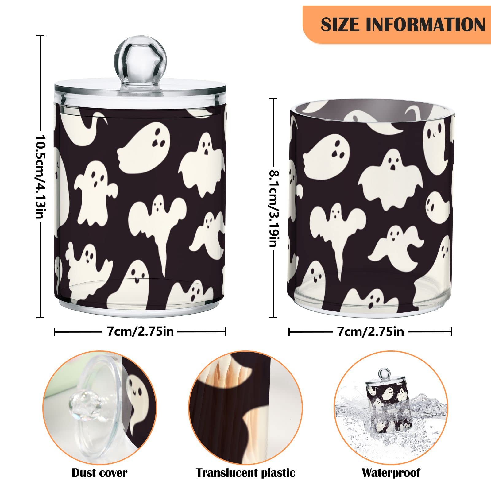 Vnurnrn Clear Plastic Jar Set for Cotton Ball, Cotton Swab, Cotton Round Pads, Floss, Cute Ghosts Haloween Bathroom Canisters Storage Organizer, Vanity Makeup Organizer,2Pack