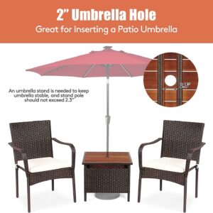 HAPPYGRILL 3-Piece Patio Bistro Set with Coffee Table & Umbrella Hole, Rattan Wicker Chairs Set with Umbrella Stand Table, Soft Cushions, Outdoor Furniture Set for Balcony Porch Poolside Garden